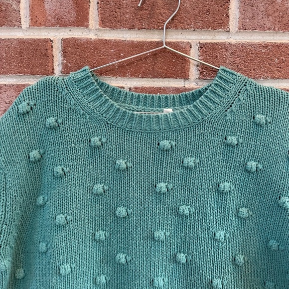 Flamingo Teal Pom-Pom Sweater Women's M | Chunky Knit, Cozy Boho Pullover - Picture 4 of 9